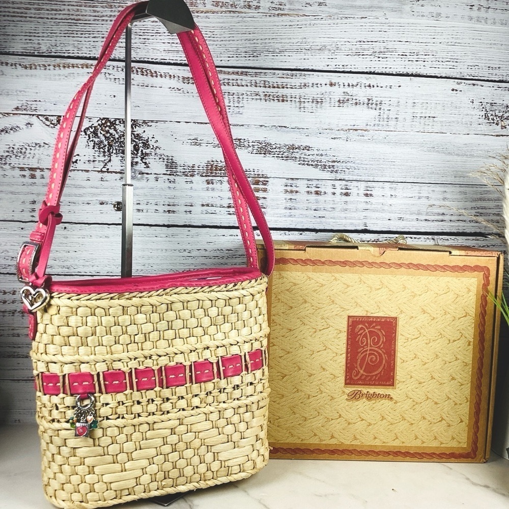 Brighton Carmella Straw Basket Woven Shoulder Bag Pink Leather Trim Summerβ